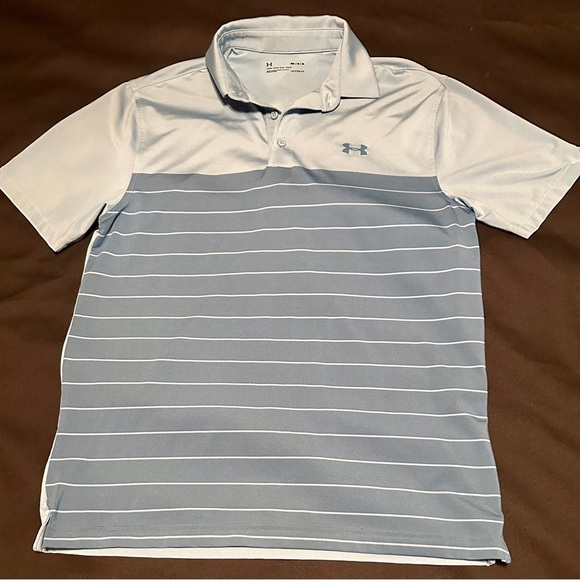 Great Condition Under Armour Heatgear light & Dark Blue Stripe Polo Shirt Size M - Picture 1 of 3